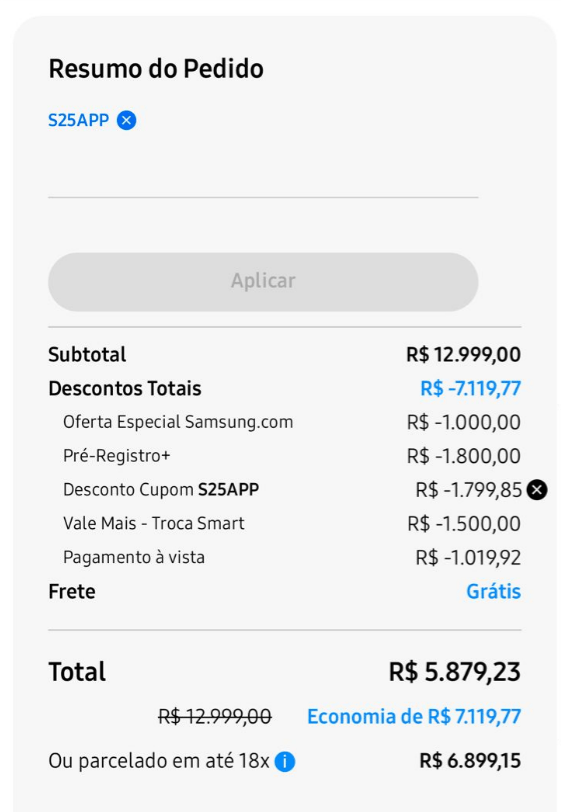 Promoção Galaxy S25 Ultra 512GB com desconto especial - desconto no carrinho